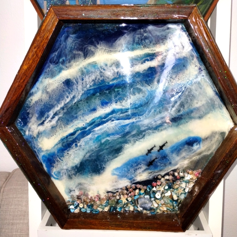 Handcrafted Artisan Hexagon Ocean Teak & Resin Tray